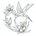 An origami crane transforming into an iris flower tattoo design idea