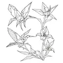 An origami crane transforming into an iris flower tattoo design idea