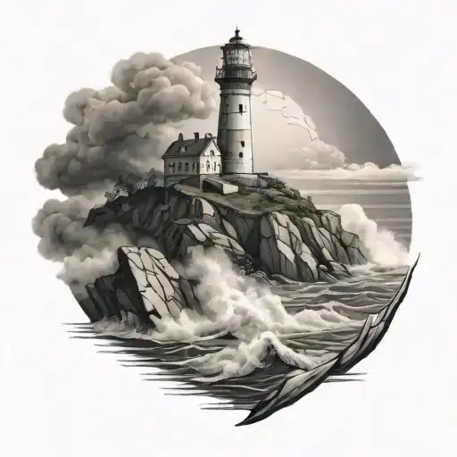 A black-grey tattoo of a lighthouse on a rocky cliff overlooking a stormy sea, representing the guiding light in psychology tattoo design idea