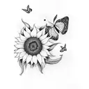 A sunflower field with butterflies fluttering above, done in a dotwork style tattoo design idea