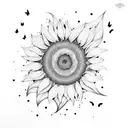 A sunflower field with butterflies fluttering above, done in a dotwork style tattoo design idea