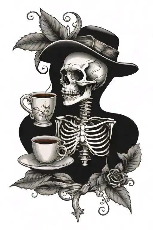 A unique tattoo design of a skeleton sewing a heart-shaped tea bag, symbolizing the love and memories of your grandparents stitched into your heart forever tattoo design idea