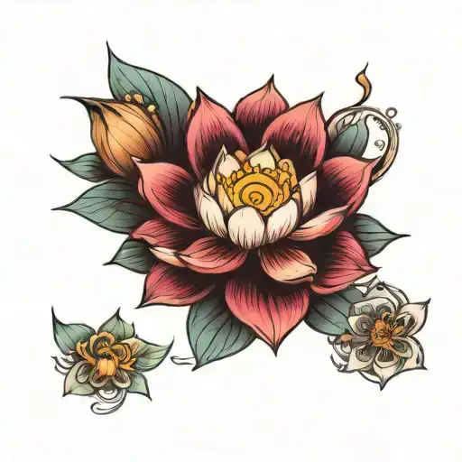 multi-colored lotus flower blooms in the center, plane , ocean and ship tattoo design idea