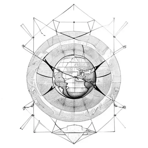 Atlas the giant holding a globe which has the Vitruvian  man inside and an angle flying above the globe falling down tattoo design idea