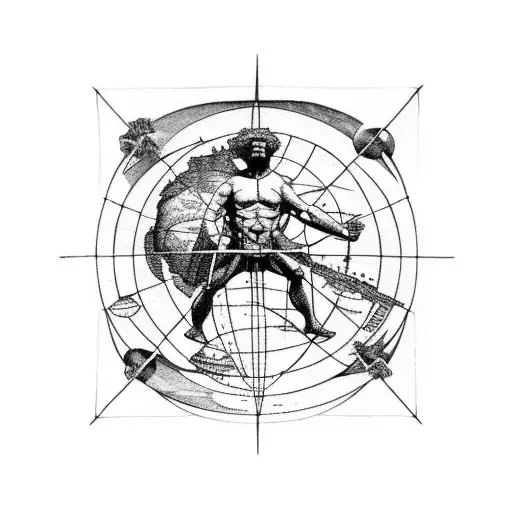 Atlas the giant holding a globe which has the Vitruvian  man inside and an angle flying above the globe falling down tattoo design idea