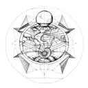 Atlas holding a globe which has the Vitruvian  man inside and icarus flying above the globe falling down tattoo design idea