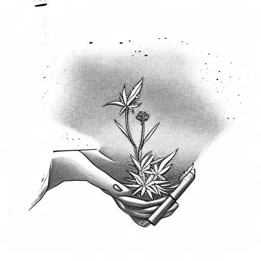 Weed plant growing from a pile of money with female hands reaching out tattoo design idea