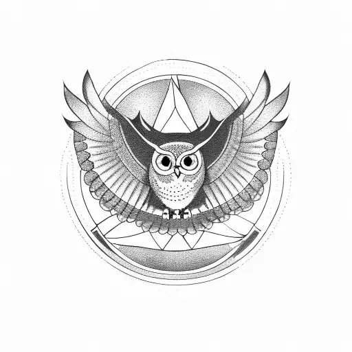 Owl in flight surrounded by two curvy lines with dots at the end of the lines tattoo design idea
