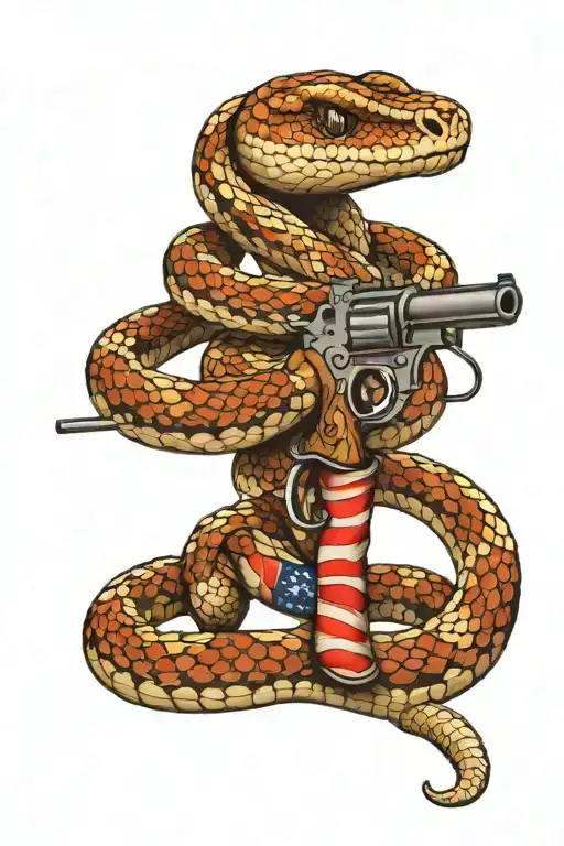 rattle snake wrapped around a gun, American flag colors tattoo design idea