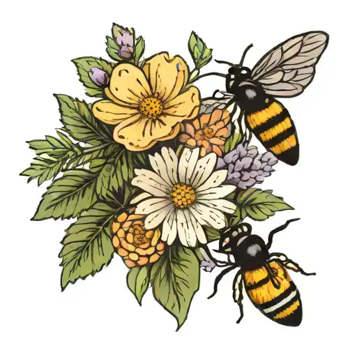 fine tattoo on light skin depicting three plants, daisy, lavender, and olive, with a small black bee flying between tattoo design idea