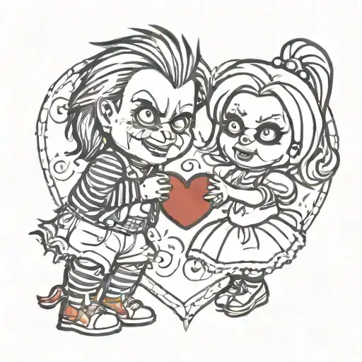 Chucky and bride of Chucky in a love heart tattoo design idea
