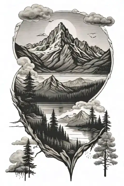 mountain with cabin lake tattoo design idea