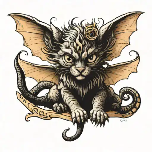 A Manticore kitten with bat wings and a scorpion tail curls up and looks at us tattoo design idea
