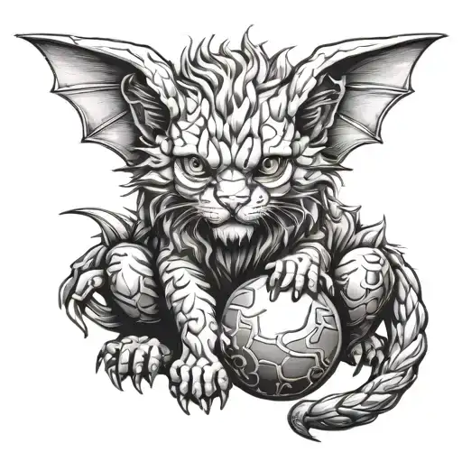 Manticore kitten with bat wings and scorpion tail curled up into a ball and looking at us with a smile tattoo design idea