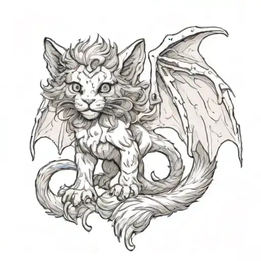 A Manticore kitten with bat wings and a scorpion tail curls up and looks at us tattoo design idea