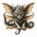 A Manticore kitten with bat wings and a scorpion tail curls up and looks at us tattoo design idea