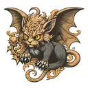 A Manticore kitten with bat wings and a scorpion tail curls up and looks at us tattoo design idea
