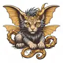 A Manticore kitten with bat wings and a scorpion tail curls up and looks at us tattoo design idea