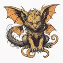 A Manticore kitten with bat wings and a scorpion tail curls up and looks at us tattoo design idea
