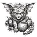 Manticore kitten with bat wings and scorpion tail curled up into a ball and looking at us with a smile tattoo design idea