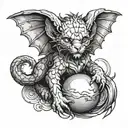Manticore kitten with bat wings and scorpion tail curled up into a ball and looking at us with a smile tattoo design idea