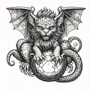 Manticore kitten with bat wings and scorpion tail curled up into a ball and looking at us with a smile tattoo design idea