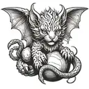 Manticore kitten with bat wings and scorpion tail curled up into a ball and looking at us with a smile tattoo design idea