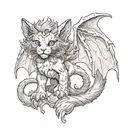 A Manticore kitten with bat wings and a scorpion tail curls up and looks at us tattoo design idea