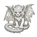 A Manticore kitten with bat wings and a scorpion tail curls up and looks at us tattoo design idea