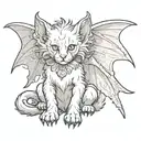 A Manticore kitten with bat wings and a scorpion tail curls up and looks at us tattoo design idea