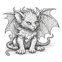 A Manticore kitten with bat wings and a scorpion tail curls up and looks at us tattoo design idea