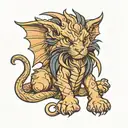 Manticore kitten with bat wings and scorpion tail curled up into a ball and looking at us tattoo design idea