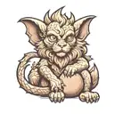 Manticore kitten with bat wings and scorpion tail curled up into a ball and looking at us tattoo design idea