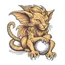 Manticore kitten with bat wings and scorpion tail curled up into a ball and looking at us tattoo design idea