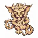 Manticore kitten with bat wings and scorpion tail curled up into a ball and looking at us tattoo design idea