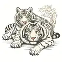 White tiger laying down with a black wolf standing over her protectively. White tiger has hazel eyes and wolf has brown tattoo design idea