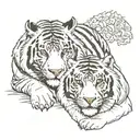 White tiger laying down with a black wolf standing over her protectively. White tiger has hazel eyes and wolf has brown tattoo design idea