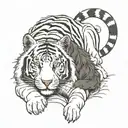 White tiger laying down with a black wolf standing over her protectively. White tiger has hazel eyes and wolf has brown tattoo design idea