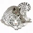 White tiger laying down with a black wolf standing over her protectively. White tiger has hazel eyes and wolf has brown tattoo design idea