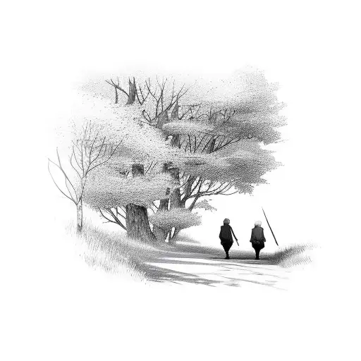 a grandpa and grandson walking down a road tattoo design idea