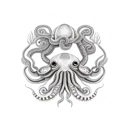 pulpo gigante en la pierna con piramides mayas y un mar gigantesco tattoo design idea