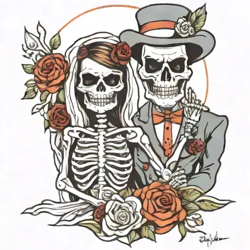 skeleton bride and groom on beach tattoo design idea