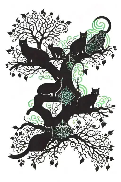 wb tree with cats sitting together tattoo design idea