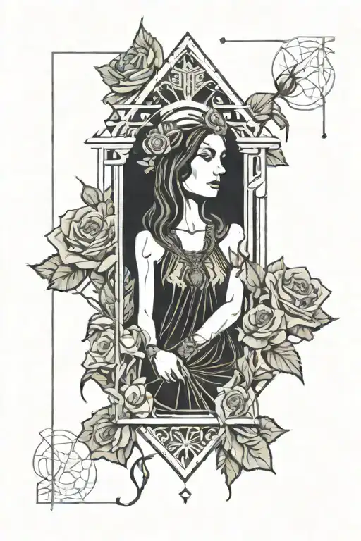 high priestess tarot card and roses intertwined tattoo design idea