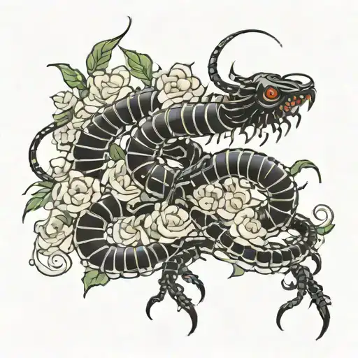 Japanese Kaneki Centipede whit a black interwined with spider lily and white roses tattoo design idea