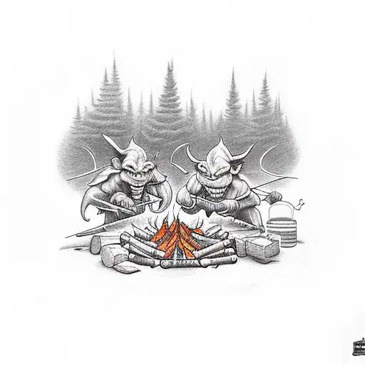 two goblins roasting meat over a campfire at night tattoo design idea