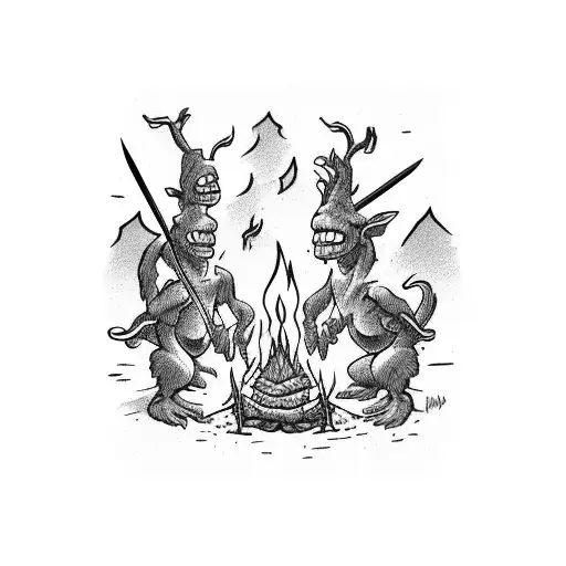 two goblins roasting meat over a campfire at night tattoo design idea