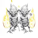 two goblins roasting meat over a campfire at night tattoo design idea