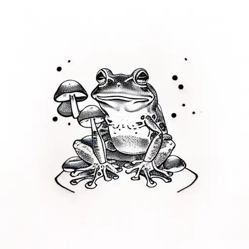 frog ronin, sitting on mushrooms looking in the cosmos tattoo design idea