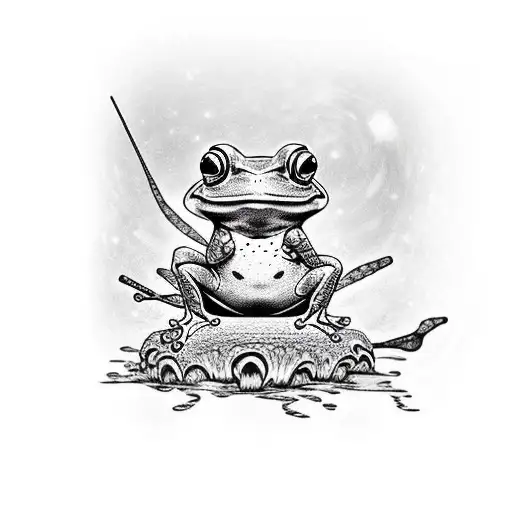 frog samurai sitting on mushrooms looking at universe tattoo design idea